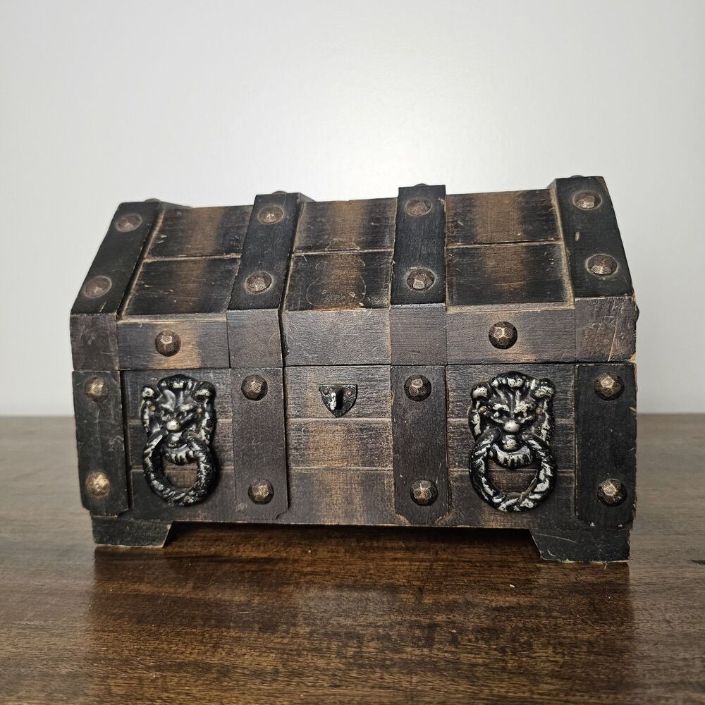 Vintage 1970s Wooden Pirate Treasure Chest Jewelry Box Lion Motif Velvet Lined
